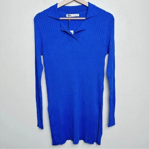 Zara Womens Size Medium Ribbed Royal Blue Slit Hem  Tunic Top - Picture 2 of 13